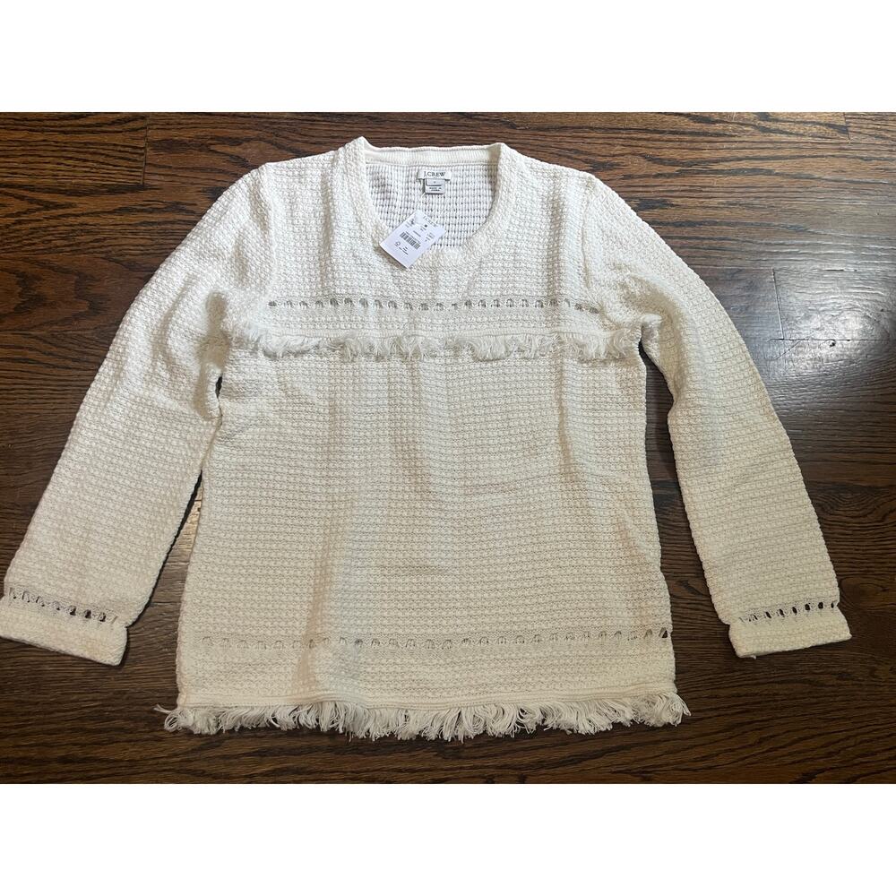 NWT J.Crew White Cotton Knit Top Fringe Pullover Sweater Women's Sz S